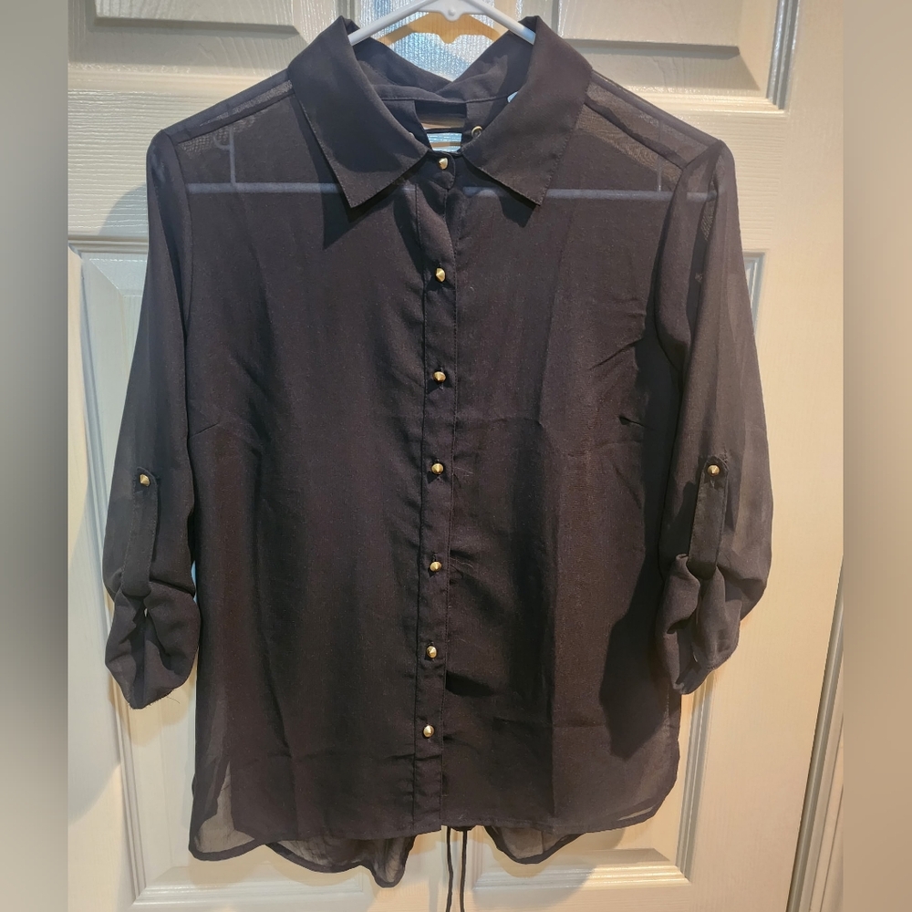 Sheer Black Button-Up Shirt w/ Lace Up Back 579 Size Medium